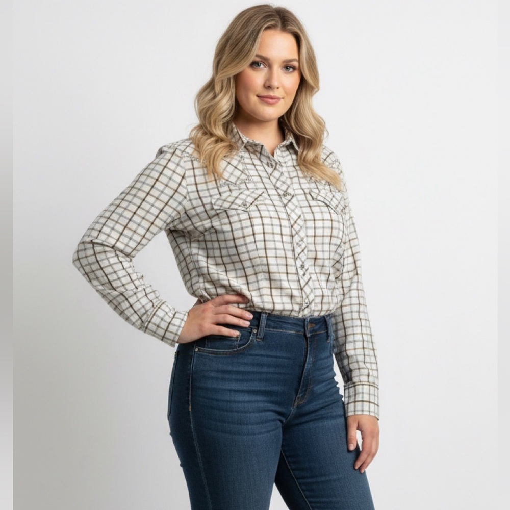 Cowgirl Hardware USA Womans Pearl Snap Tan Plaid Button Down Shirt Large